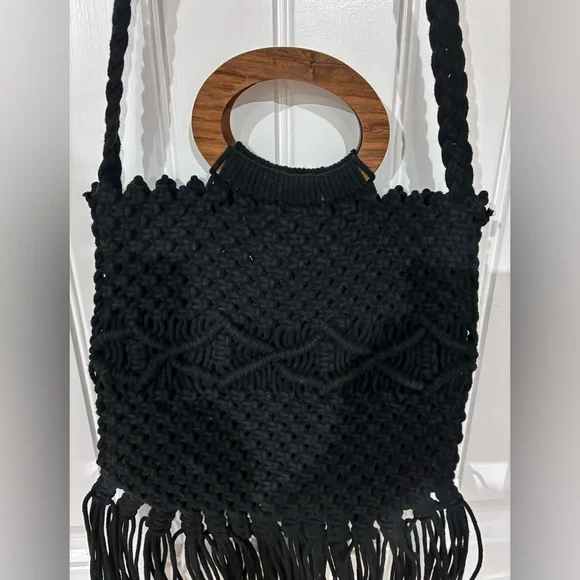 Danielle Nicole Black Fringe Macramé Shoulder Bag - Picture 2 of 4